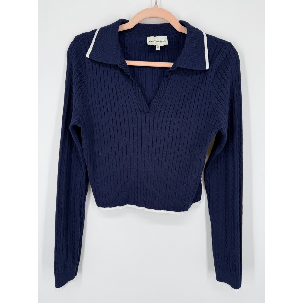 Freshman 1996 Sweater Womens Large Navy Blue Cable Knit Cropped Polo Long Sleeve
